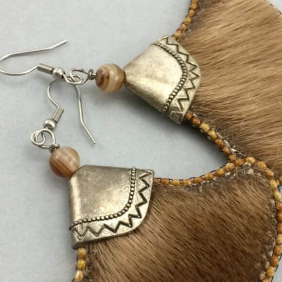 Beaded Metal Handmade Boho Dangle Earrings Festival Style Faux Real Leather Fur - Picture 15 of 16